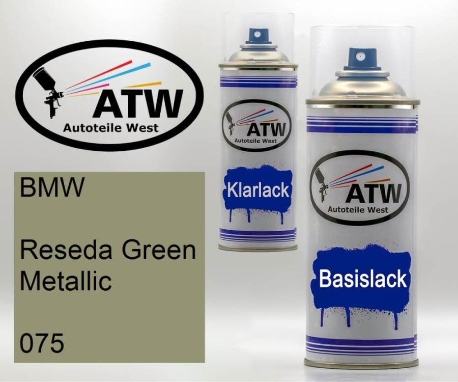 BMW, Reseda Green Metallic, 075: 400ml Sprühdose + 400ml Klarlack - Set, von ATW Autoteile West.